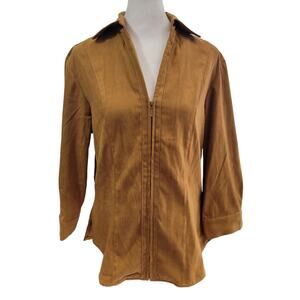 COLDWATER CREEK Tan Full Zip Collared Blouse Relaxed Neutral Minimalist Small